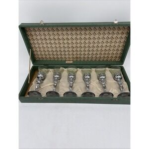 Vintage Set of 6 Japanese Art Deco Chrome Dragon Trim Nude Ladies LiqueurGlasses
